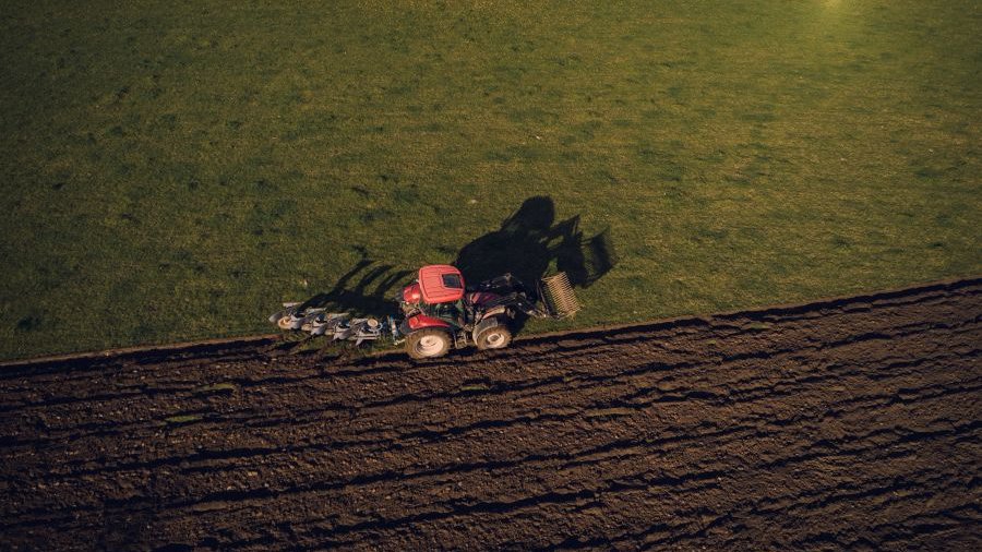Traktor mit Pflug auf Feld