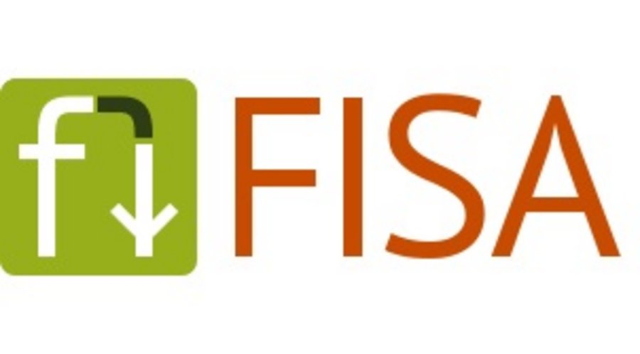 Logo von FISA, kleines F mit Pfeil nach unten, FISA in Großbuchstaben