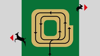 Schematische Darstellung der Mahd auf einer quadratischen Parzelle.