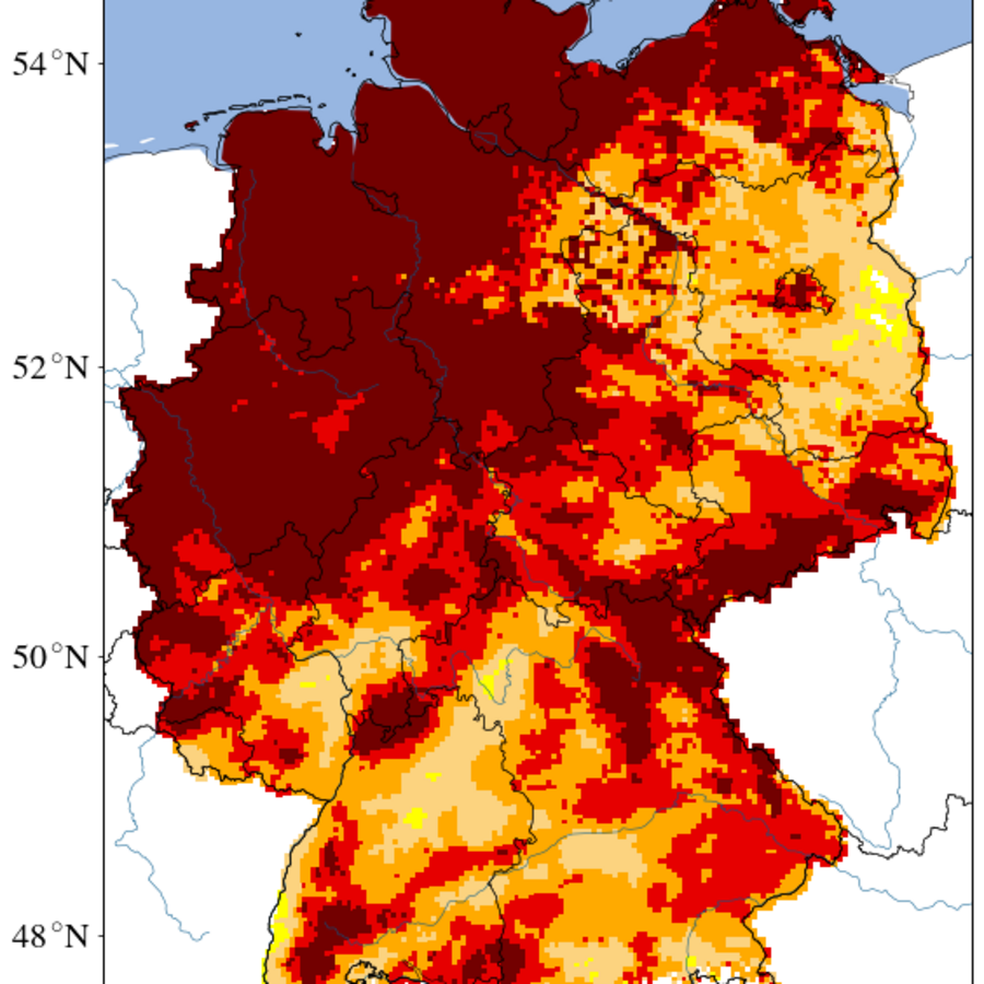 Deutschlandkarte, die über Farbgebung die Bodenfeuchte zeigt.